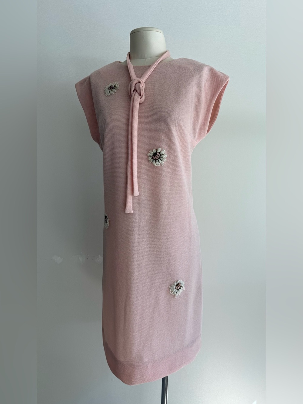 60s Manford Pink Knit Dress with Beaded Flowers